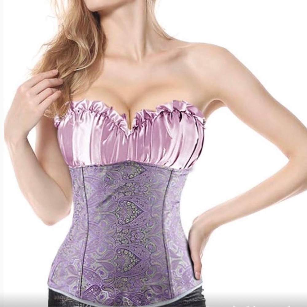 ❤️ Lace Up Paisley and floral Satin Pastel Boned Bustier Corset Retro Top